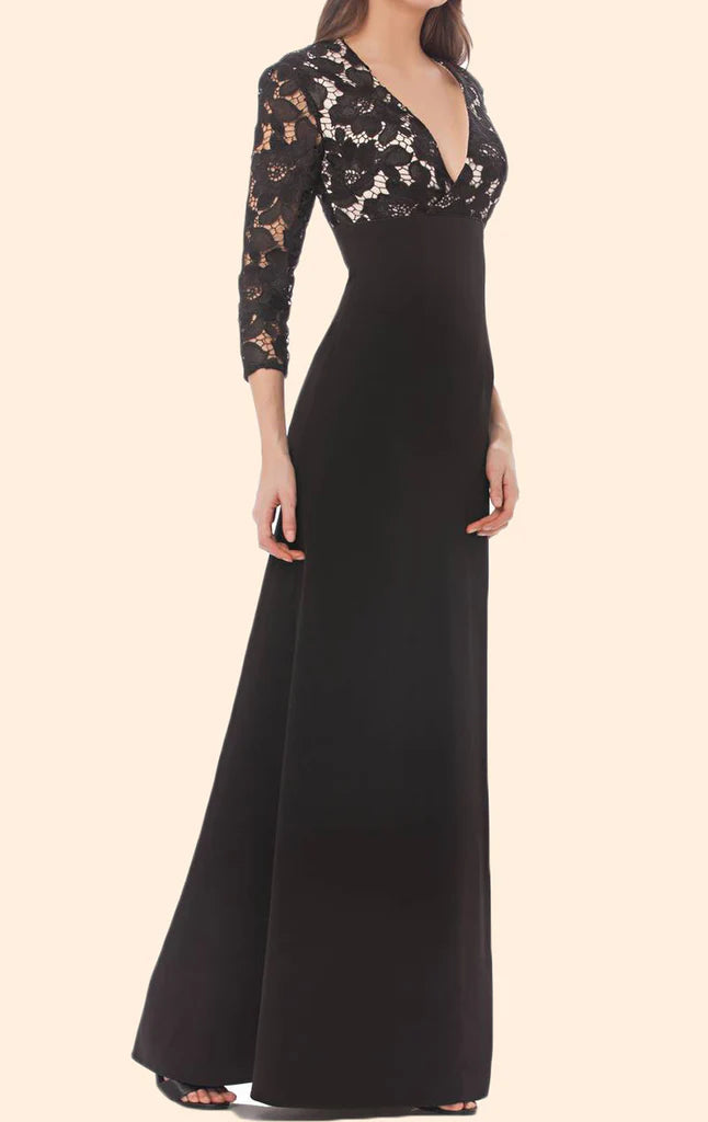 Elegant lace chiffon mother of the bride dress with 3/4 sleeves and V-neck.