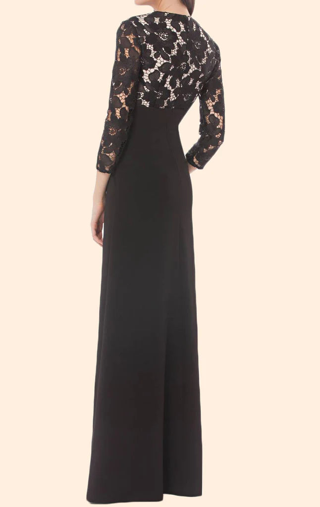 Ankle-length lace chiffon formal gown, perfect for weddings.