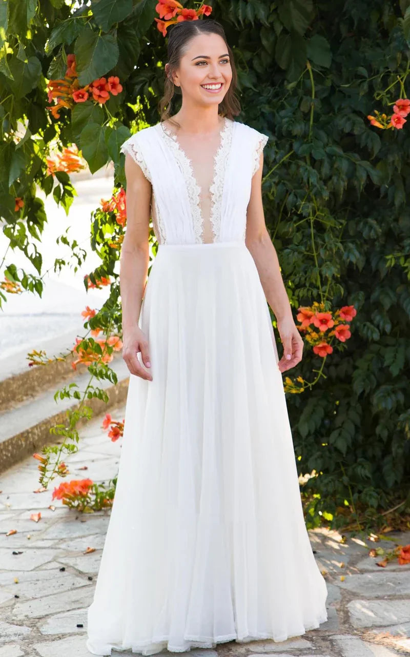 Elegant A-line V-neck chiffon lace wedding dress with open back and pleats.