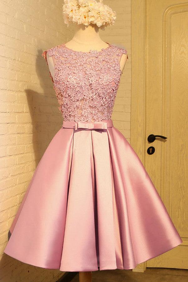 Elegant V-neck A-line satin short homecoming dress with appliques and bowknot.