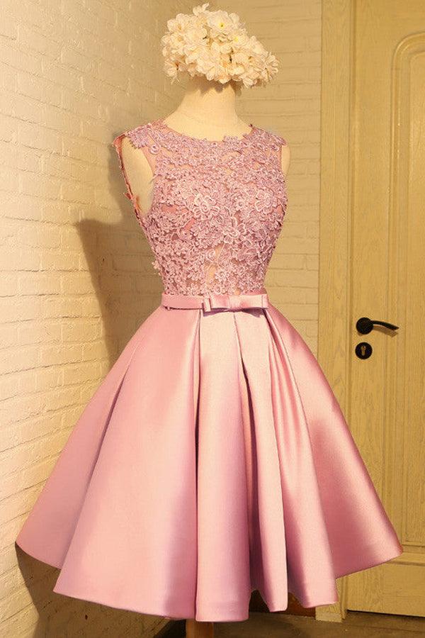 Back view of a V-neck A-line satin homecoming dress.