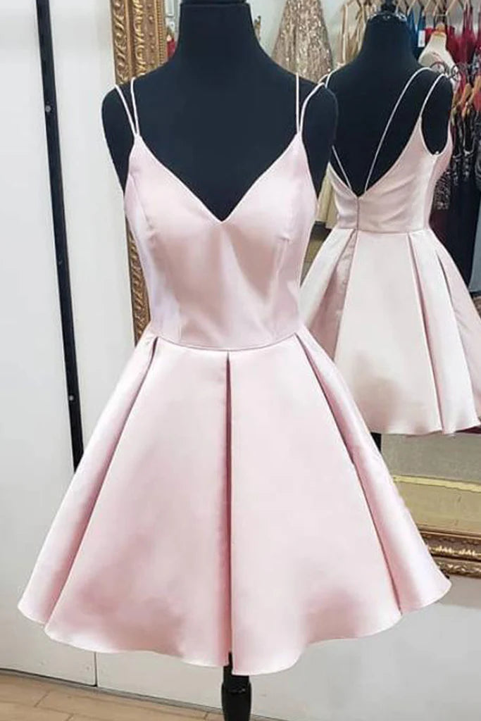 Elegant V-neck A-line satin prom dress with spaghetti straps.