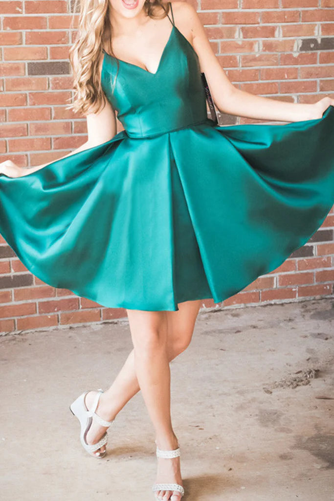 Full length view of a chic V-neck A-line formal gown.