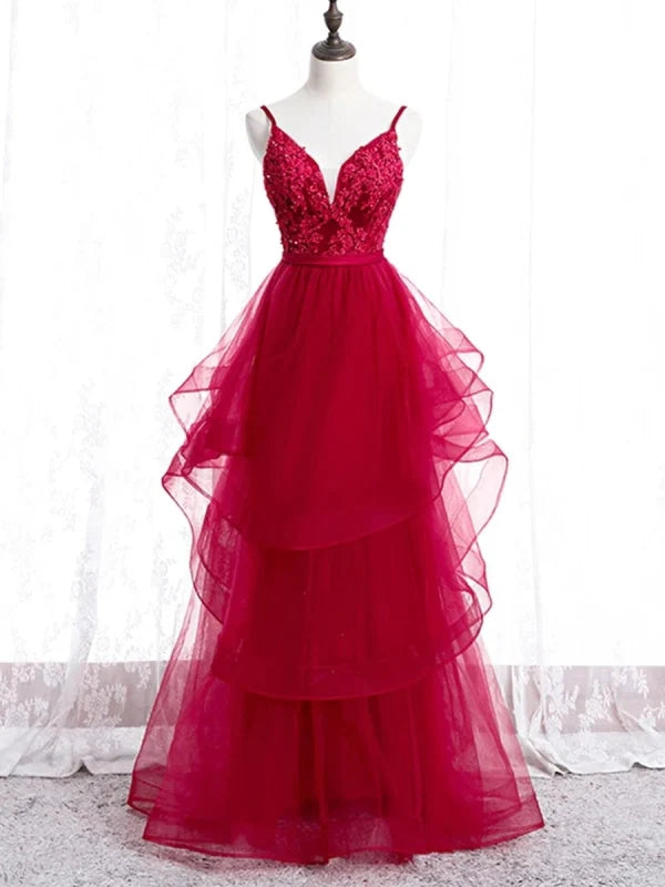Elegant V-neck backless lace long prom dress.