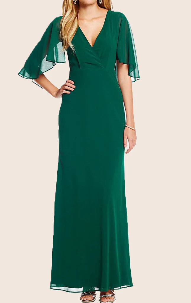 Elegant V-neck chiffon dress for mother of the bride, front view.
