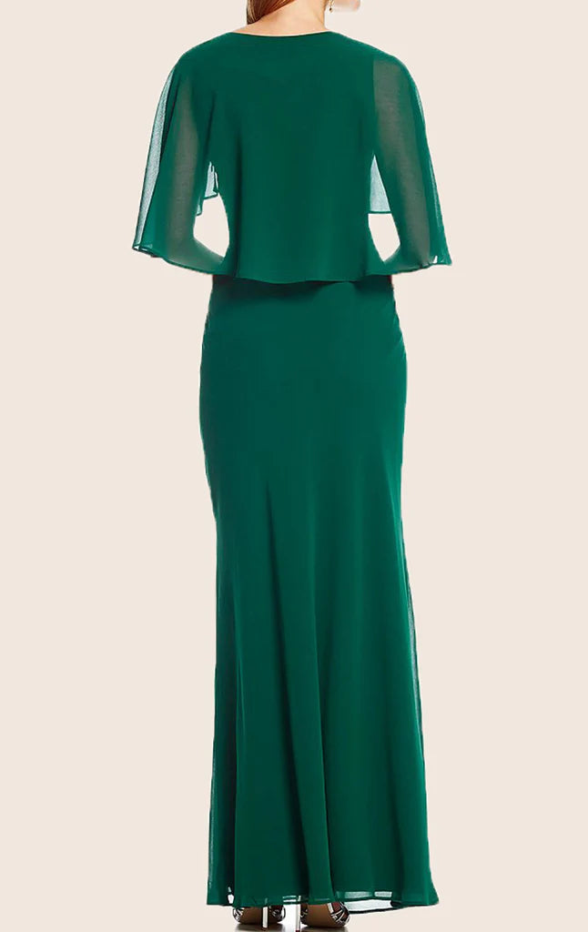 Mother of the bride wearing a V-neck chiffon formal dress, side view.