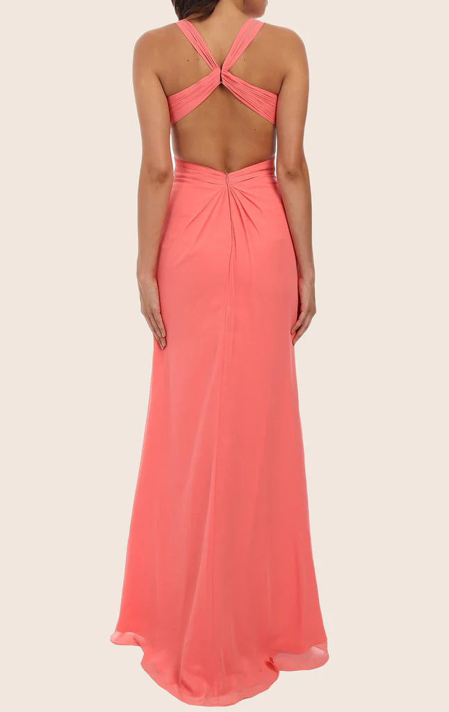 Back view of the chiffon formal gown, showing delicate spaghetti straps.
