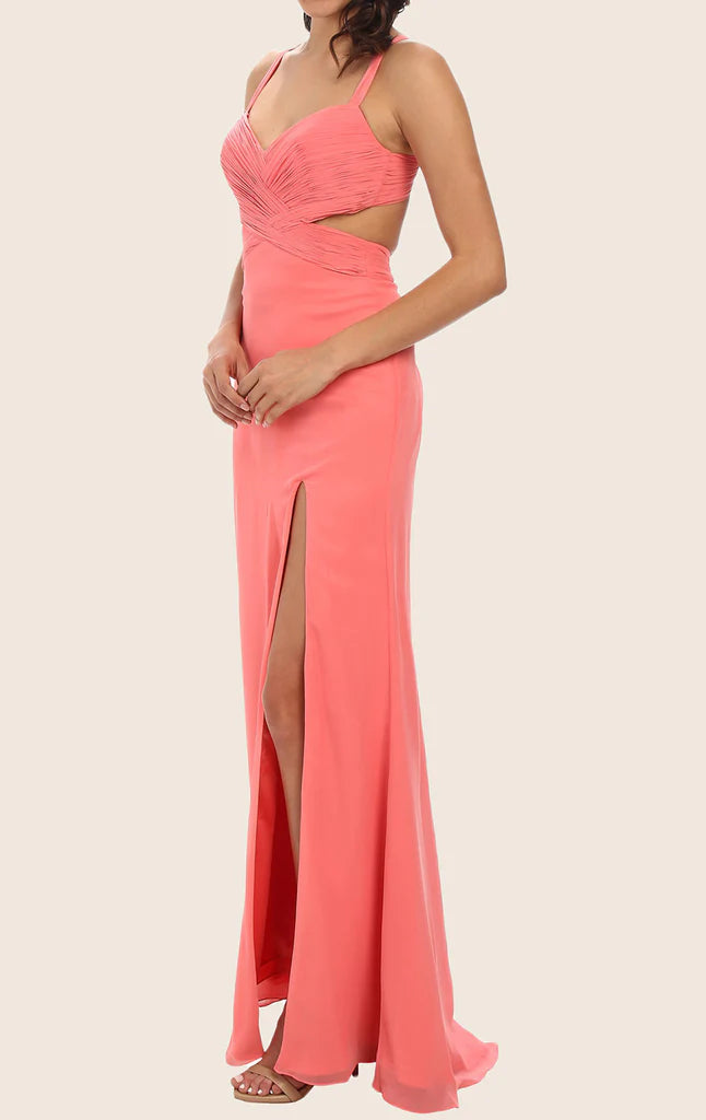 Close-up of the V-neckline and spaghetti straps on the formal chiffon dress.