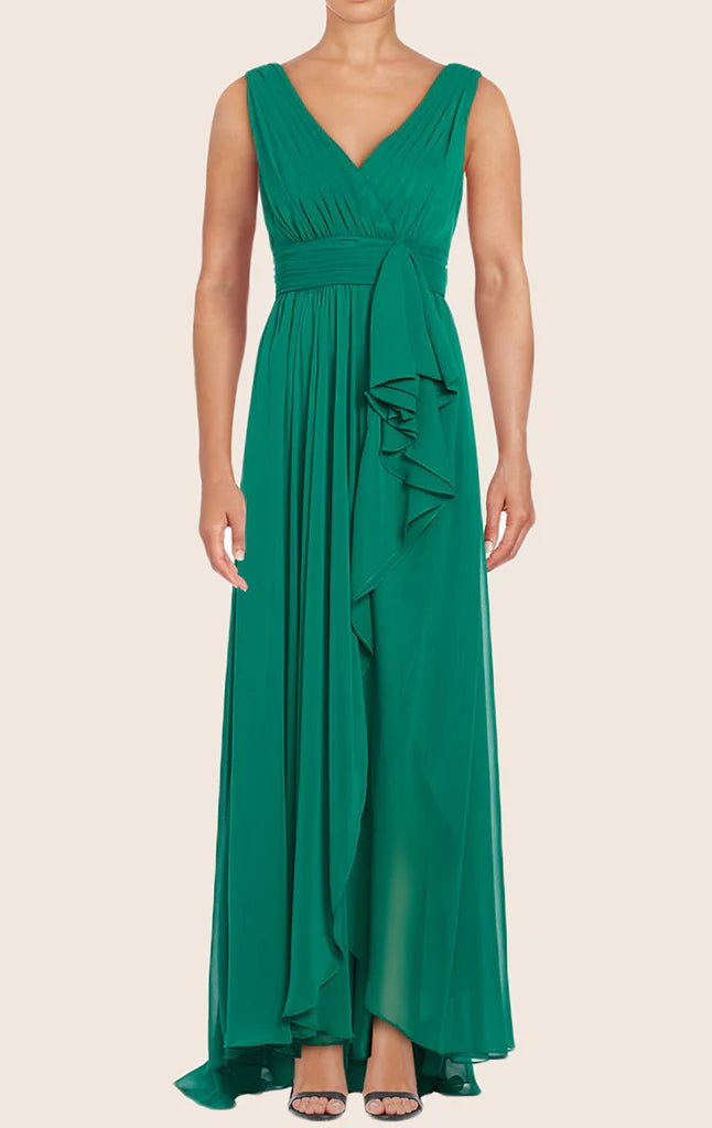 Elegant V-neck chiffon long gown with spaghetti straps, suitable for formal events.