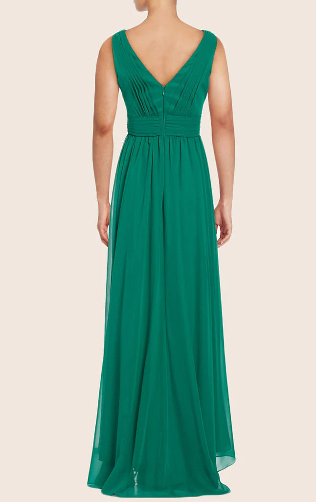 Back view of a flowing V-neck chiffon bridesmaid dress, showcasing its graceful silhouette.