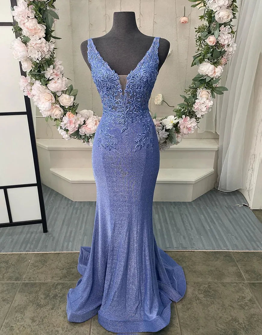 Purple V-neck long prom dress with corset back and appliques.