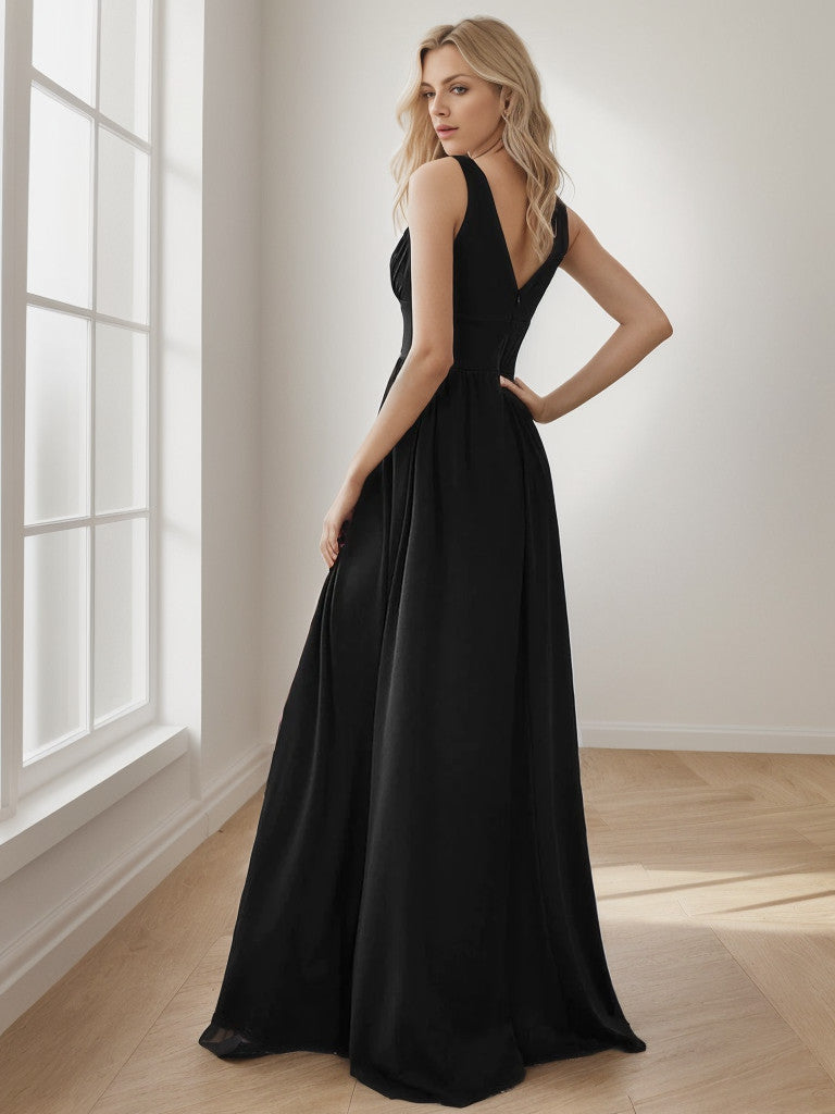Black V-neck empire waist evening gown, side view.
