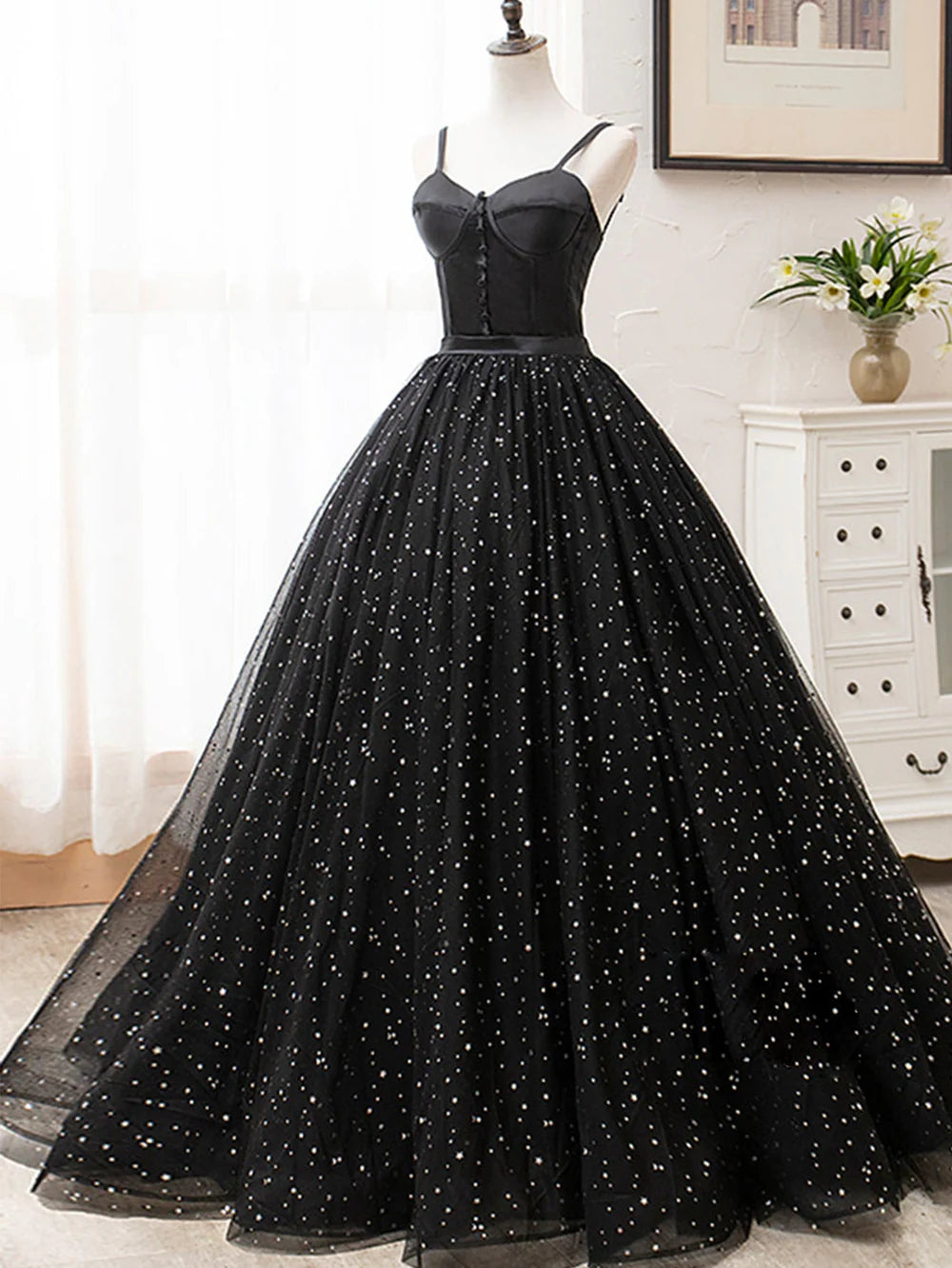 Back view of the shimmering V-neck glitter long prom dress.