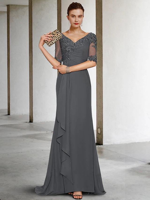 Elegant Mermaid Mother of the Bride dress with V-neck and half sleeves.