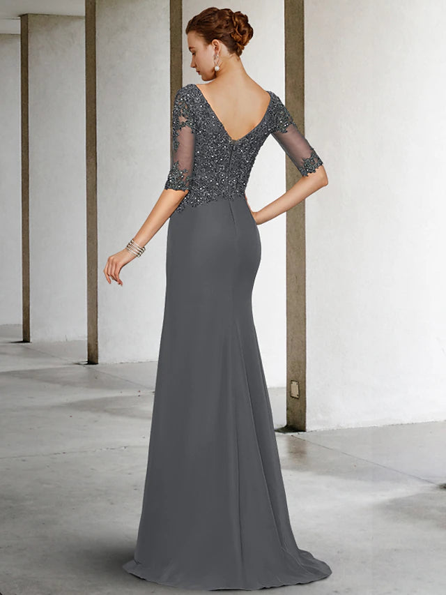 Back view of the chiffon tulle Mother of the Bride dress with sweep train.