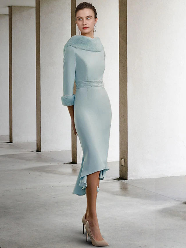 Mother of the Bride dress featuring a V-neck, 3/4 sleeves, and ruched bodice.