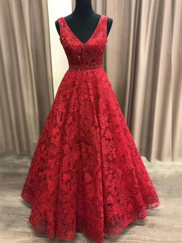 Elegant V-neck lace long formal prom dress.
