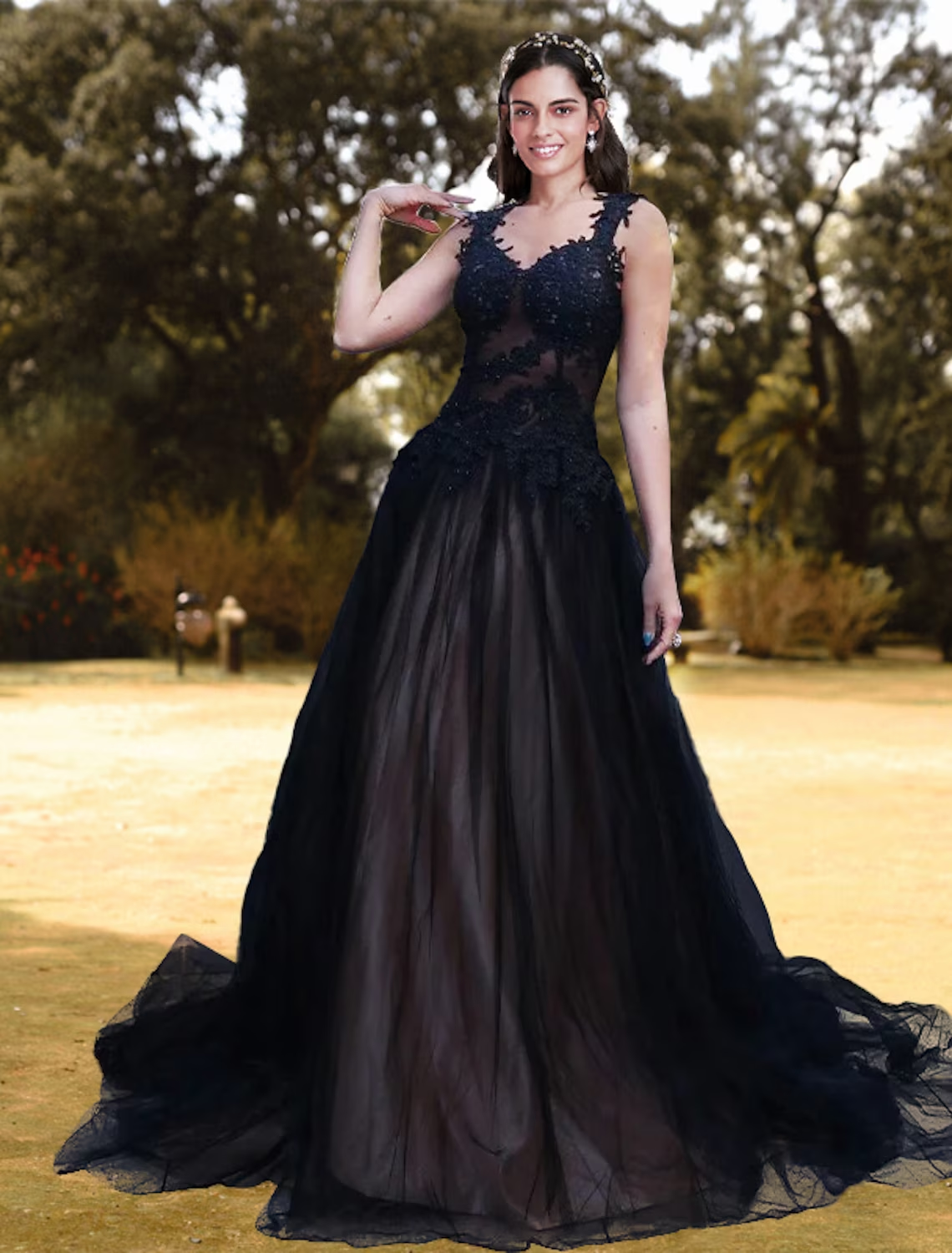 Elegant V-neck ball gown prom dress with lace appliques and court train.