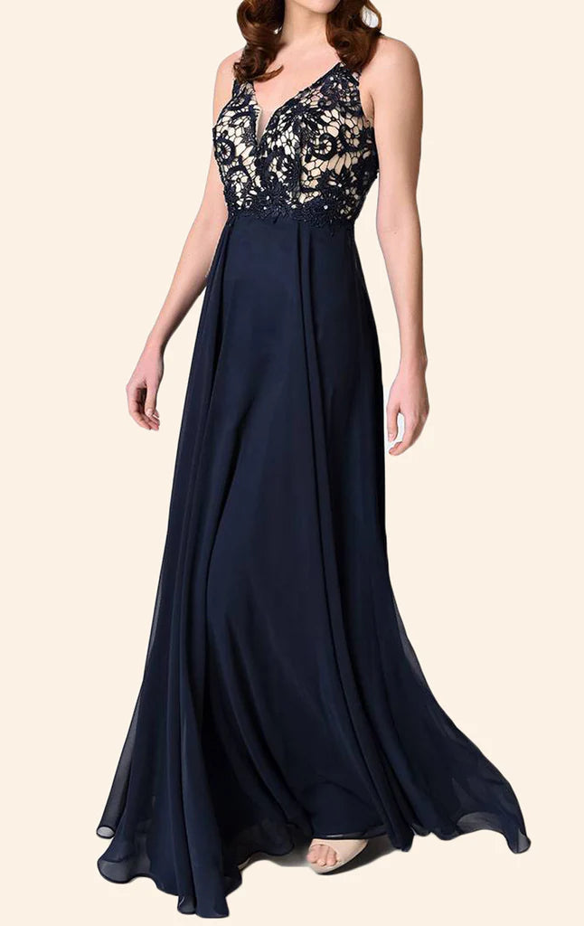 Elegant V-neck lace and chiffon long prom dress, front view.