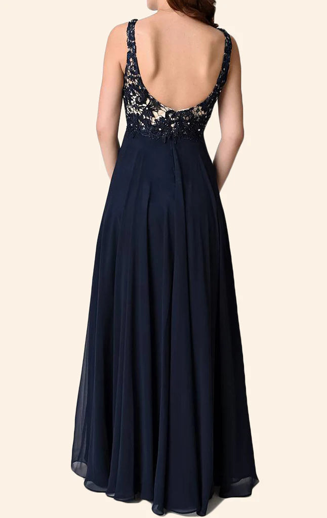 Back view of the elegant V-neck lace and chiffon long prom dress.