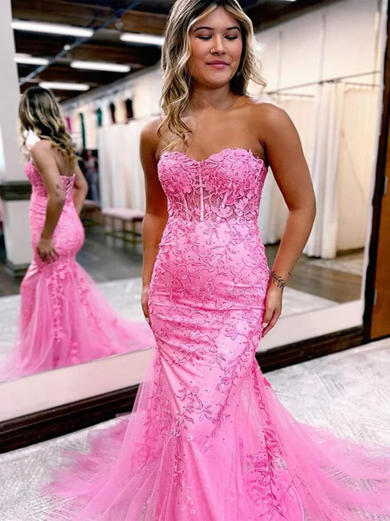 Back view of a Mermaid V-Neck Lace Long Prom Dress.