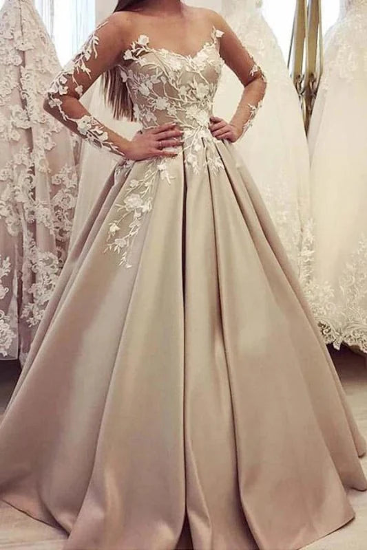 Full-length elegant V-neck long sleeve satin prom gown with lace appliques.