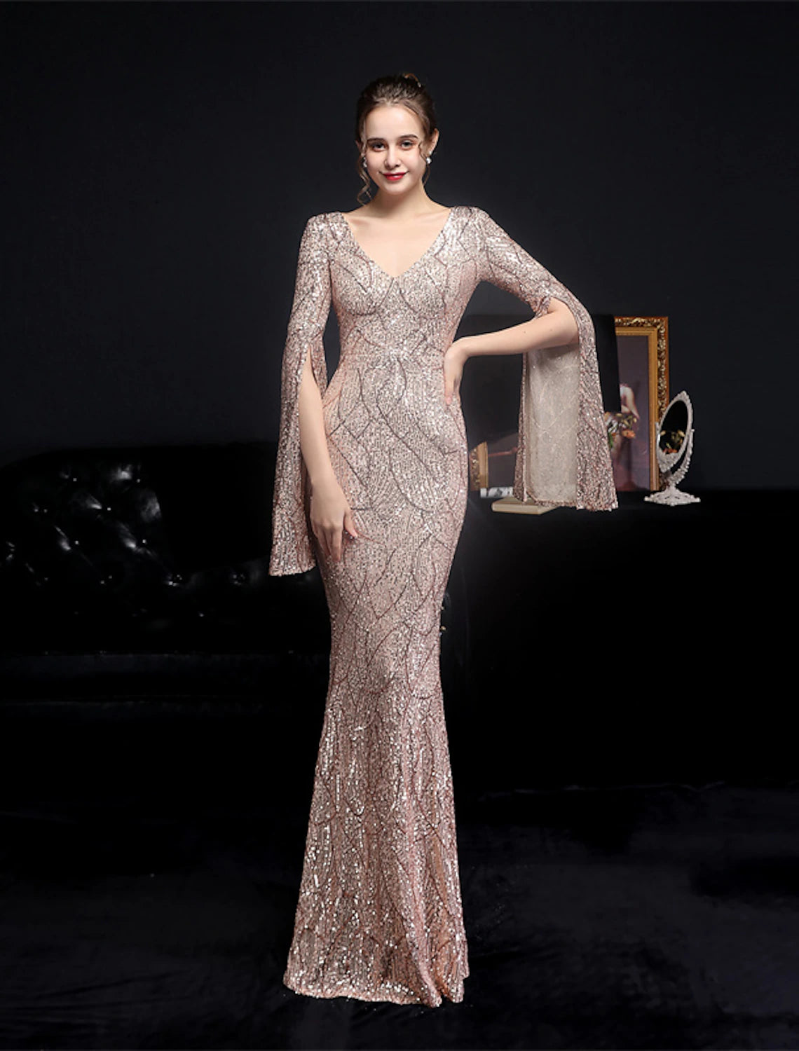 Sparkling V-neck long sleeve mermaid trumpet dress, side view.