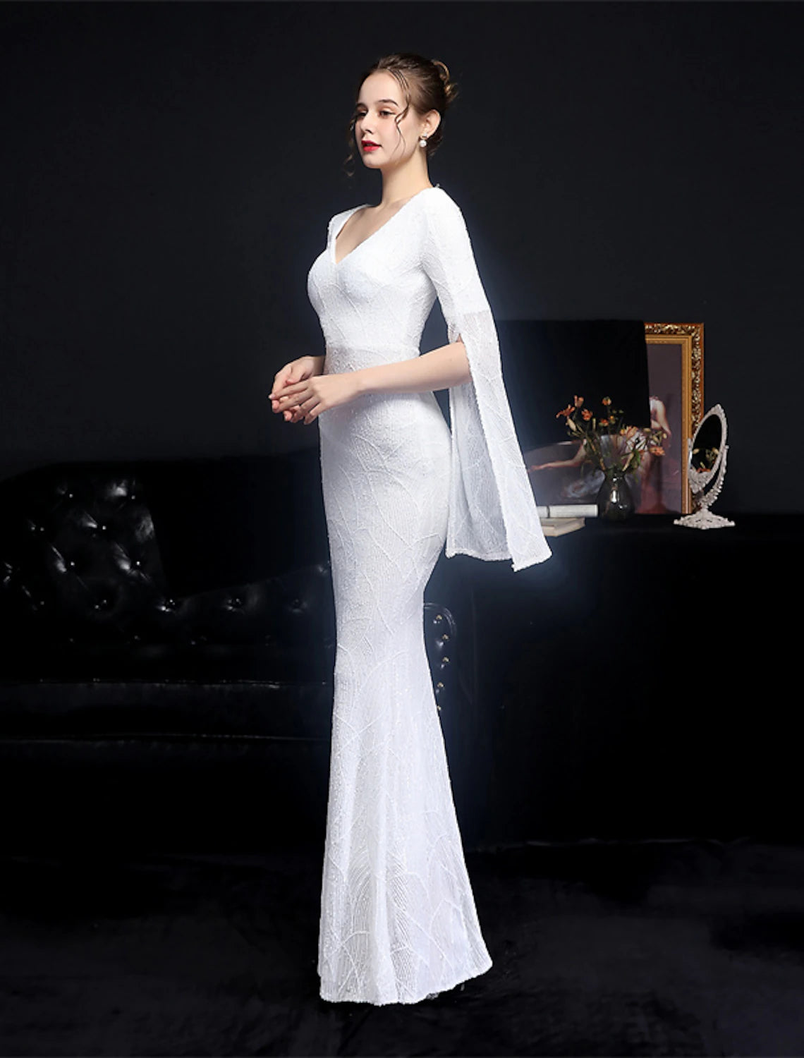 Formal sequined dress for evening events, front view.
