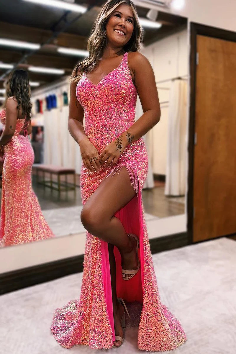 Full length view of the dazzling long mermaid prom dress with a V-neck.
