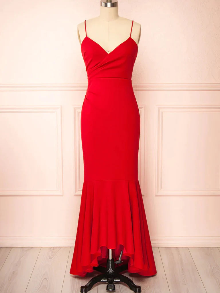 Elegant mermaid V-neck long prom dress, front view.