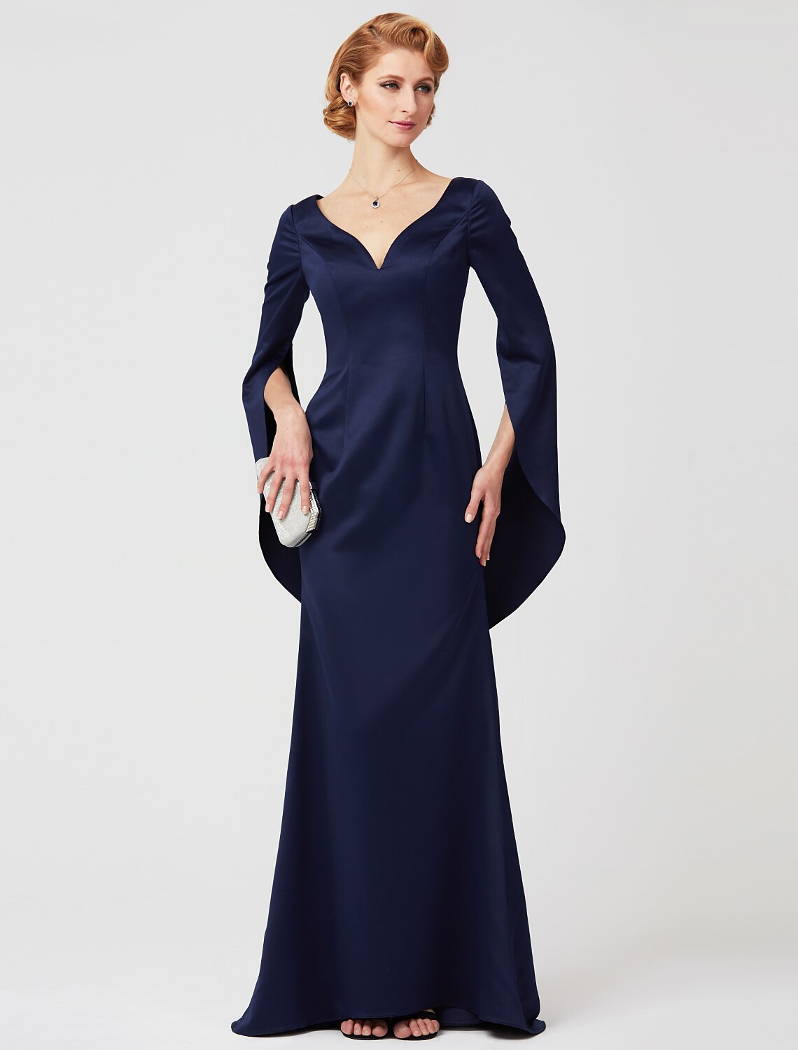 Elegant V-neck mermaid trumpet Mother of the Bride dress, front view.
