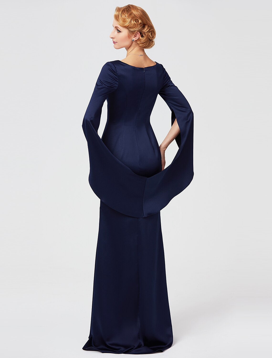 Back view of the floor-length polyester Mother of the Bride gown.