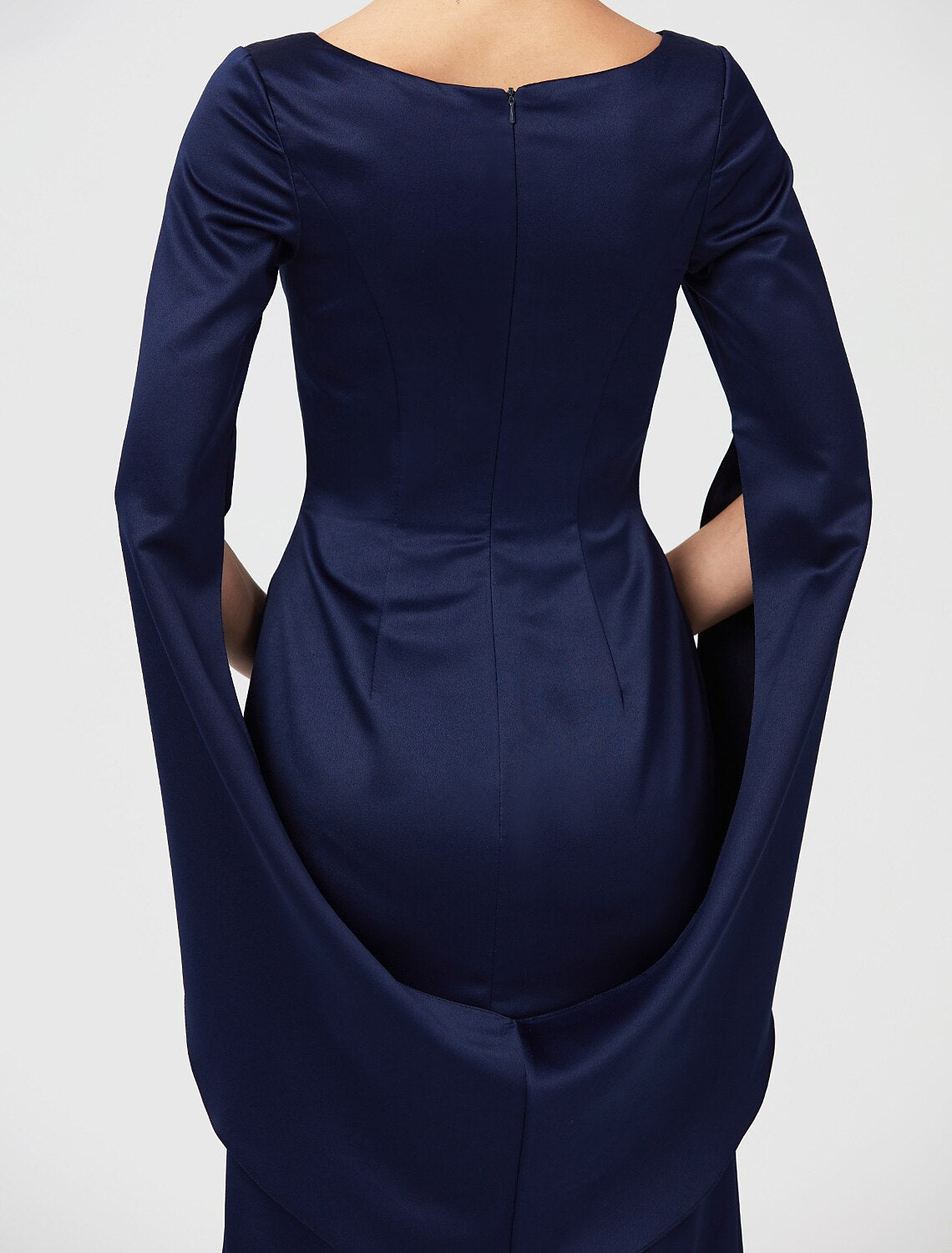 Close-up of the V-neckline and bodice details on the formal dress.