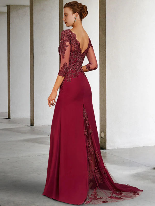 Back view of the luxurious Mother of the Bride dress, showing the elegant silhouette.