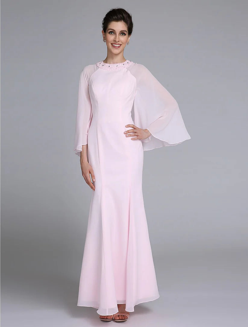 Elegant V-neck mermaid trumpet Mother of the Bride dress with long sleeves and beading, front view.
