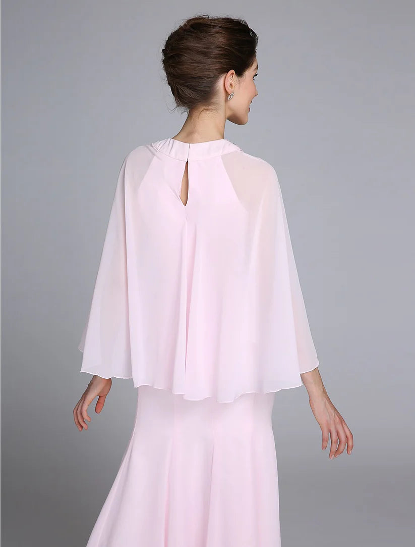 Side view of the V-neck chiffon Mother of the Bride gown with long sleeves.