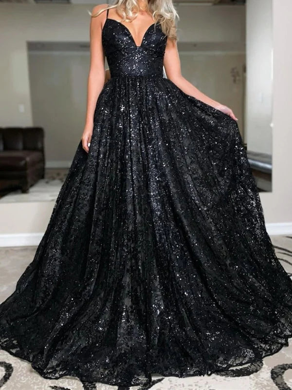 Elegant black V-neck open back long prom dress.