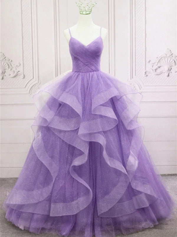 Elegant V-neck open back tulle A-line long prom dress.