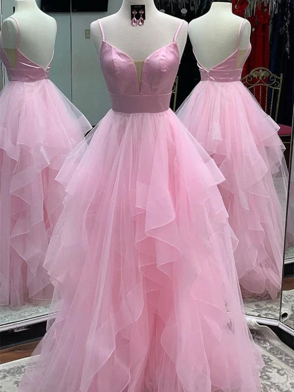 Elegant V-neck open back tulle ball gown for prom or formal events.