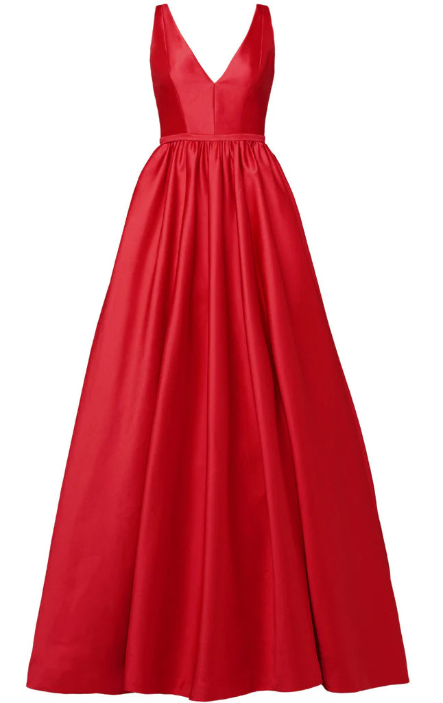 Back view of the V-neck satin ball gown.