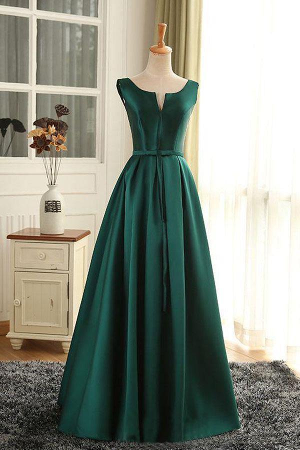 Elegant V-neck satin long prom dress on a model.