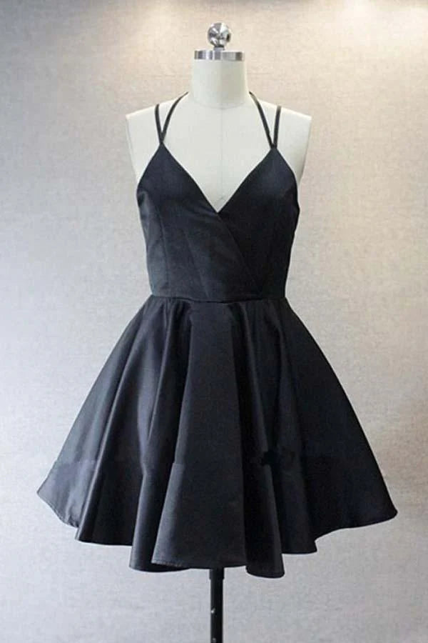 Model wearing an elegant V-neck satin short A-line dress.