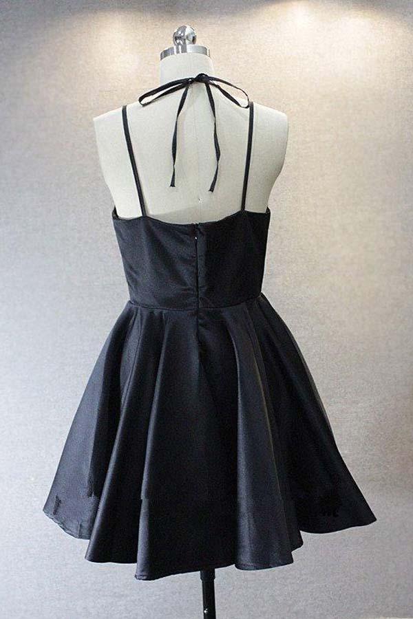 Back view of the V-neck satin short A-line dress on a model.