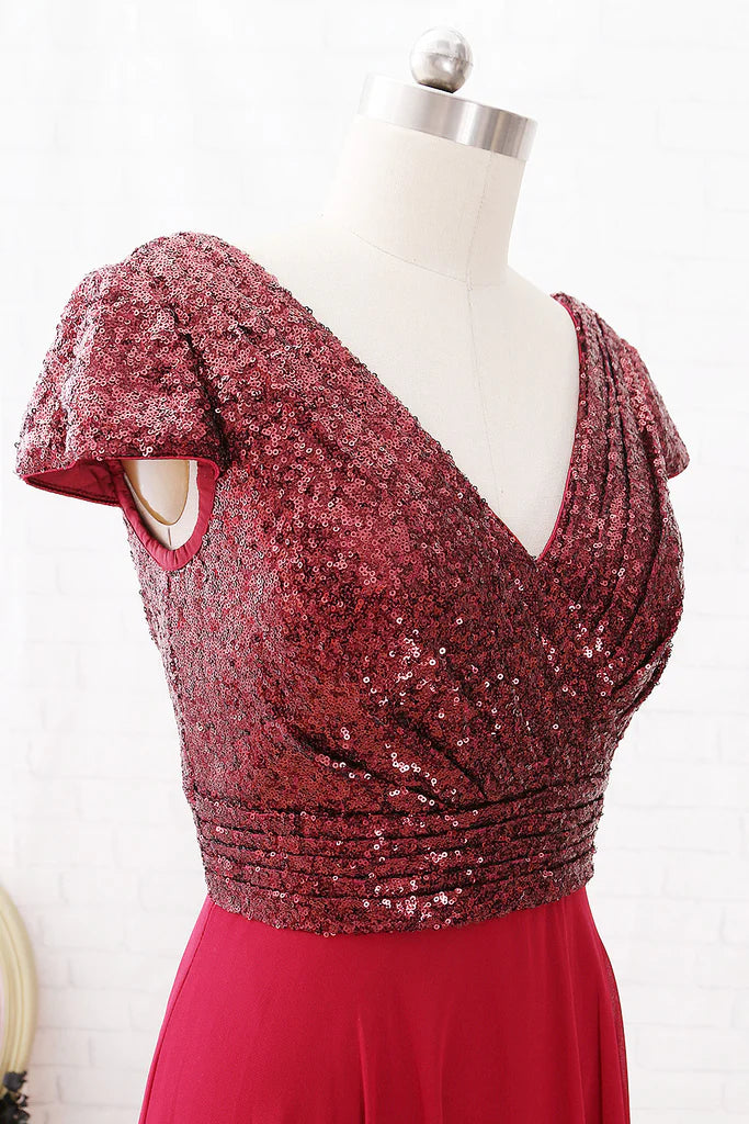 Close-up of the sequin-embellished V-neck bodice of a formal chiffon dress.