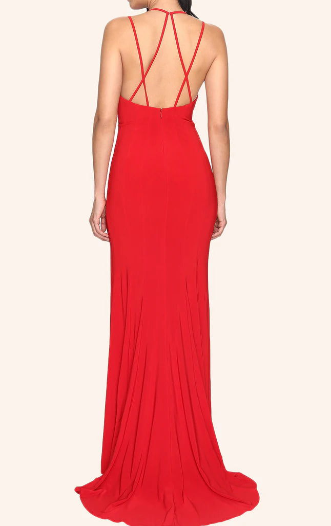 Sleeveless V-neck formal prom dress, front view.