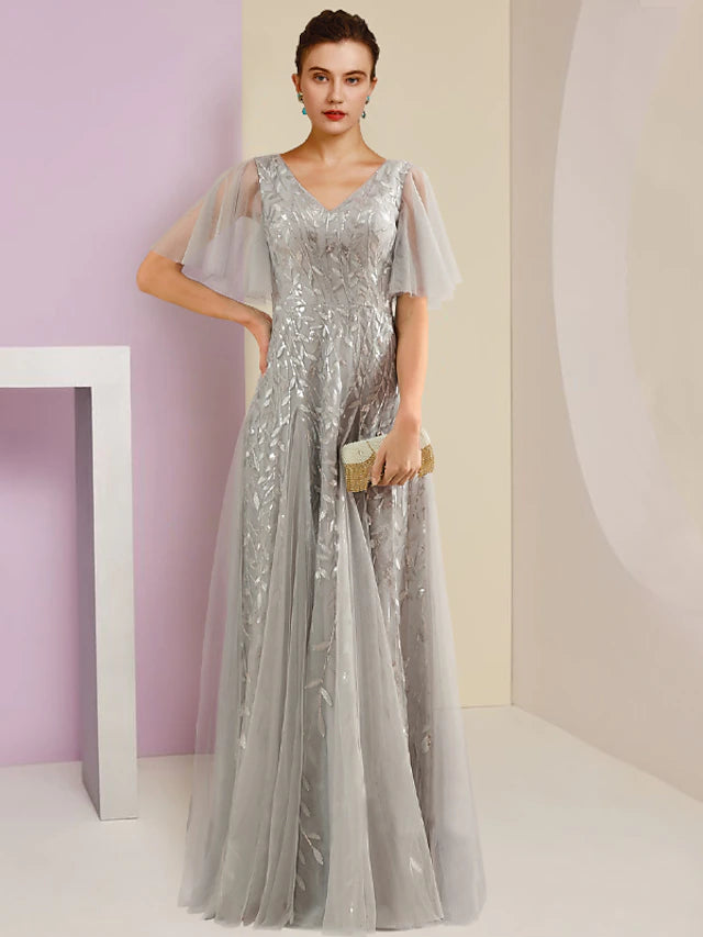 Elegant V-neck sheath Mother of the Bride dress with short sleeves, featuring sequin and lace details.