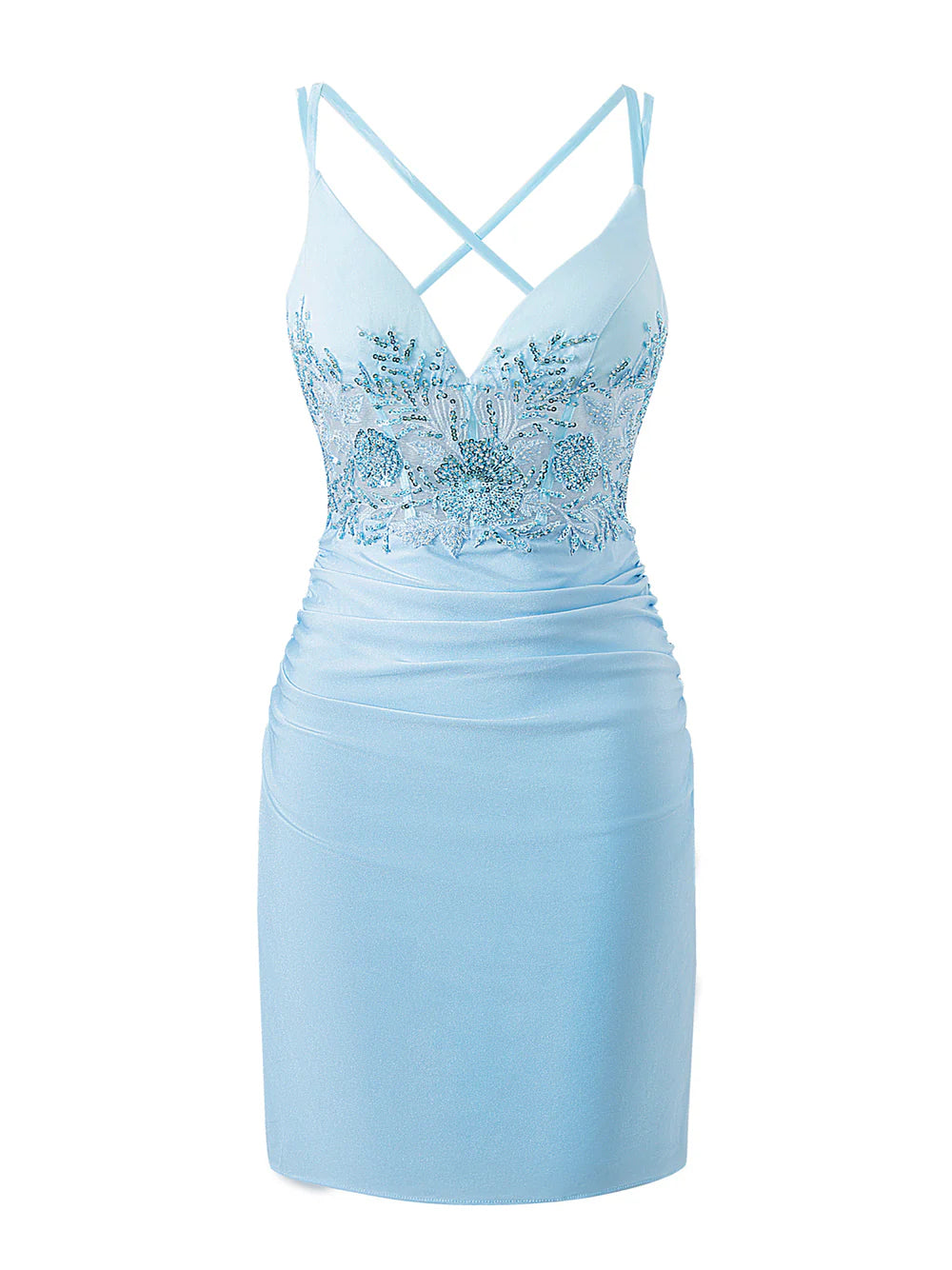 Elegant V-neck sheath short homecoming dress with a fitted silhouette.