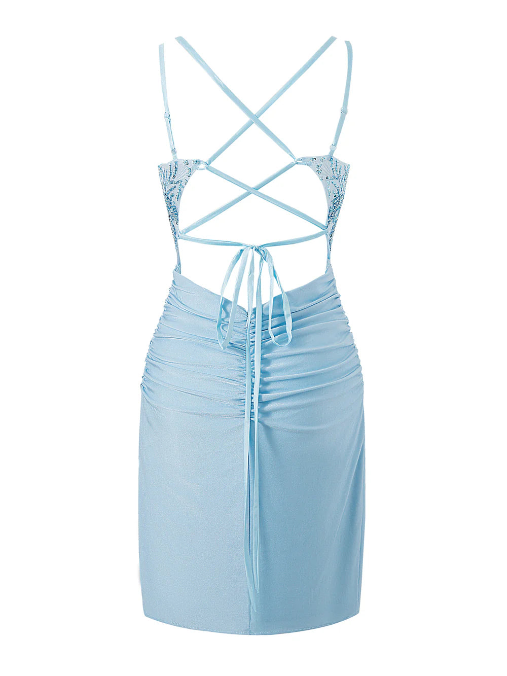 Back view of the V-neck sheath short dress, showcasing its sleek design.