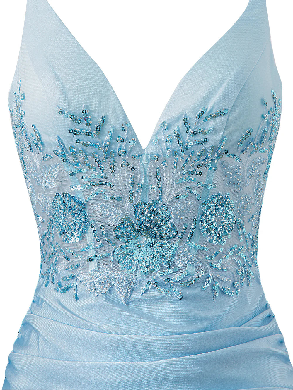 Close-up of the V-neckline and fabric texture on the short party dress.