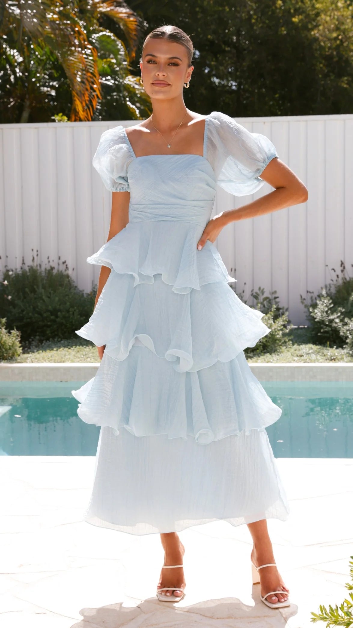 Detail of the fabric and drape of the formal maxi dress.
